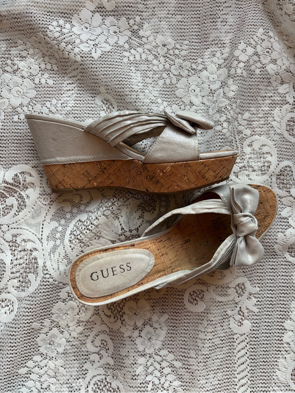 GUESS Women's Silver Knot Cork Wedge Sandals